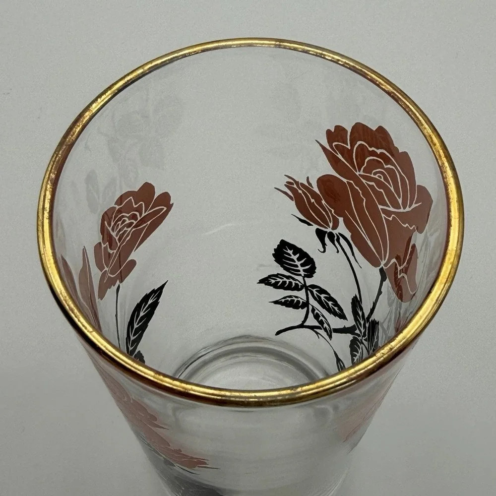Vintage‎ Pink Rose Glasses Set of 6 Highball Gold Rim Floral Tumblers 1960s MCM